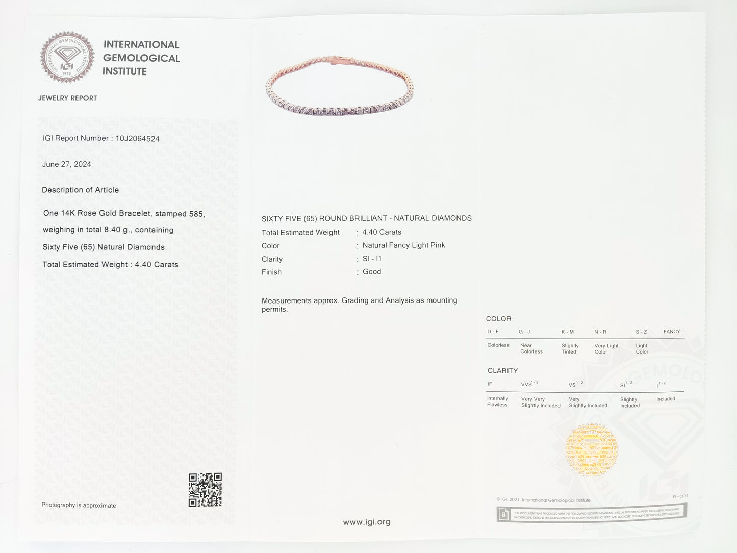 Fancy Light Pink Round Brilliant Diamond Tennis Bracelet (4.40Ct TW)