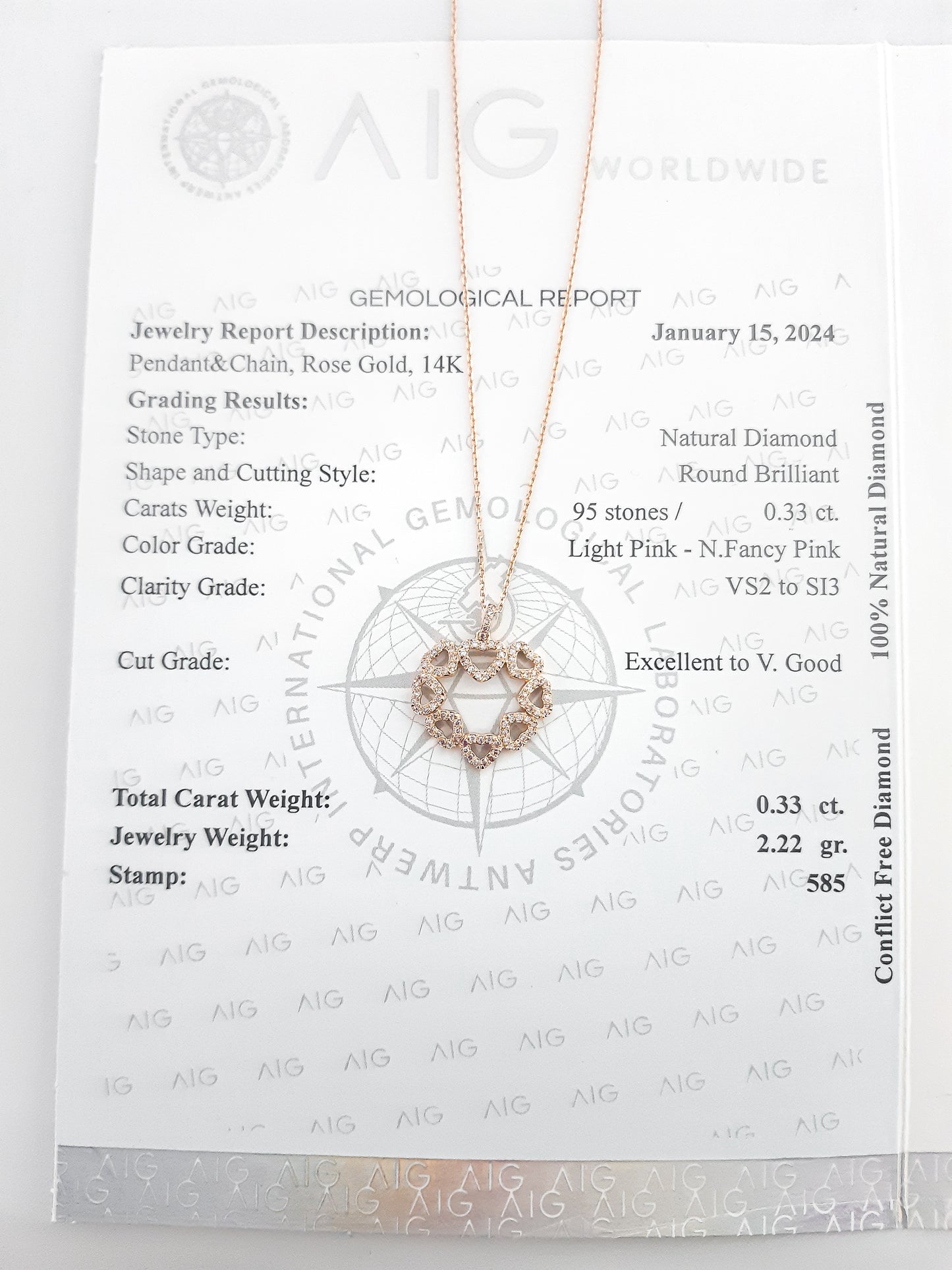 Natural Fancy Ligth Pink Round Brilliant Rose Gold Diamond Pendant (0.33Ct TW)