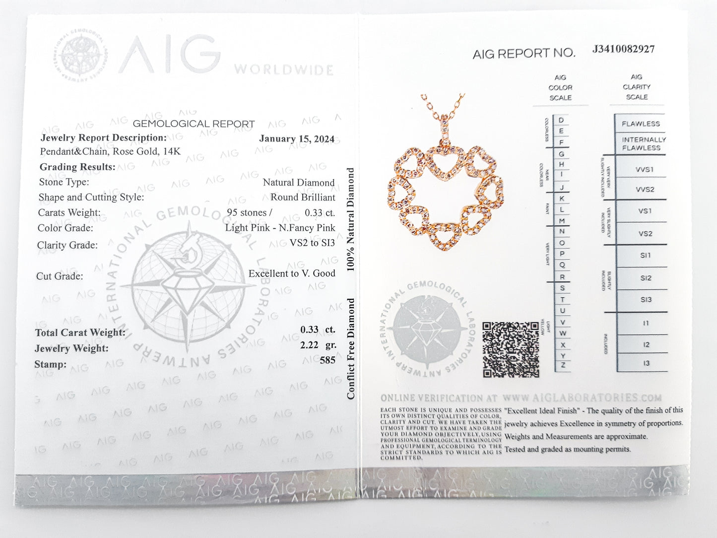 Natural Fancy Ligth Pink Round Brilliant Rose Gold Diamond Pendant (0.33Ct TW)
