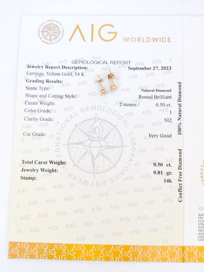Round Brilliant Diamond Stud Earrings (0.5Ct TW)